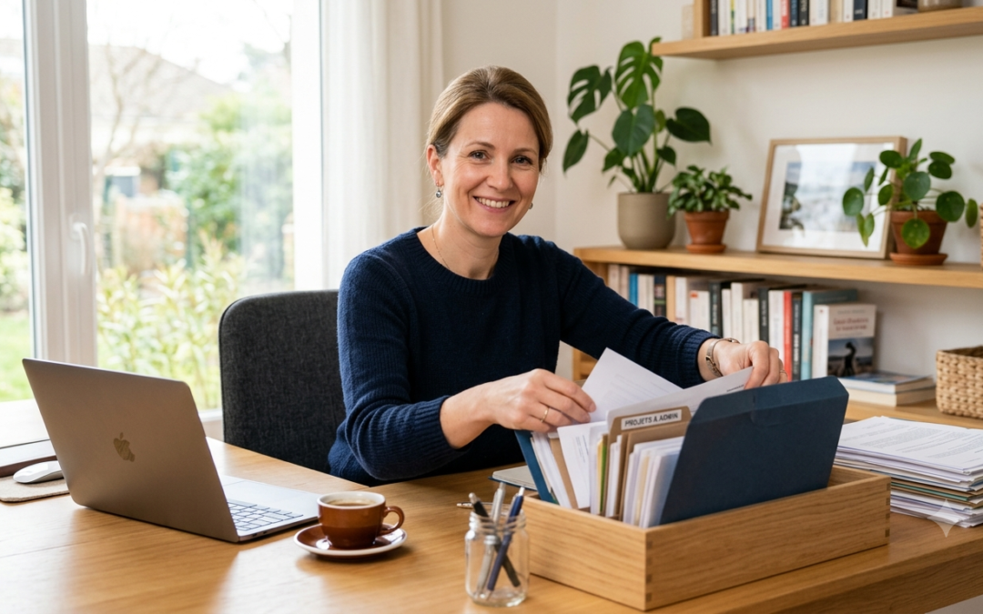 Femme d'une quarantaine d'années souriante dans un bureau à domicile lumineux, organisant des documents administratifs dans un trieur bleu à côté d'un ordinateur portable et d'une tasse de café.