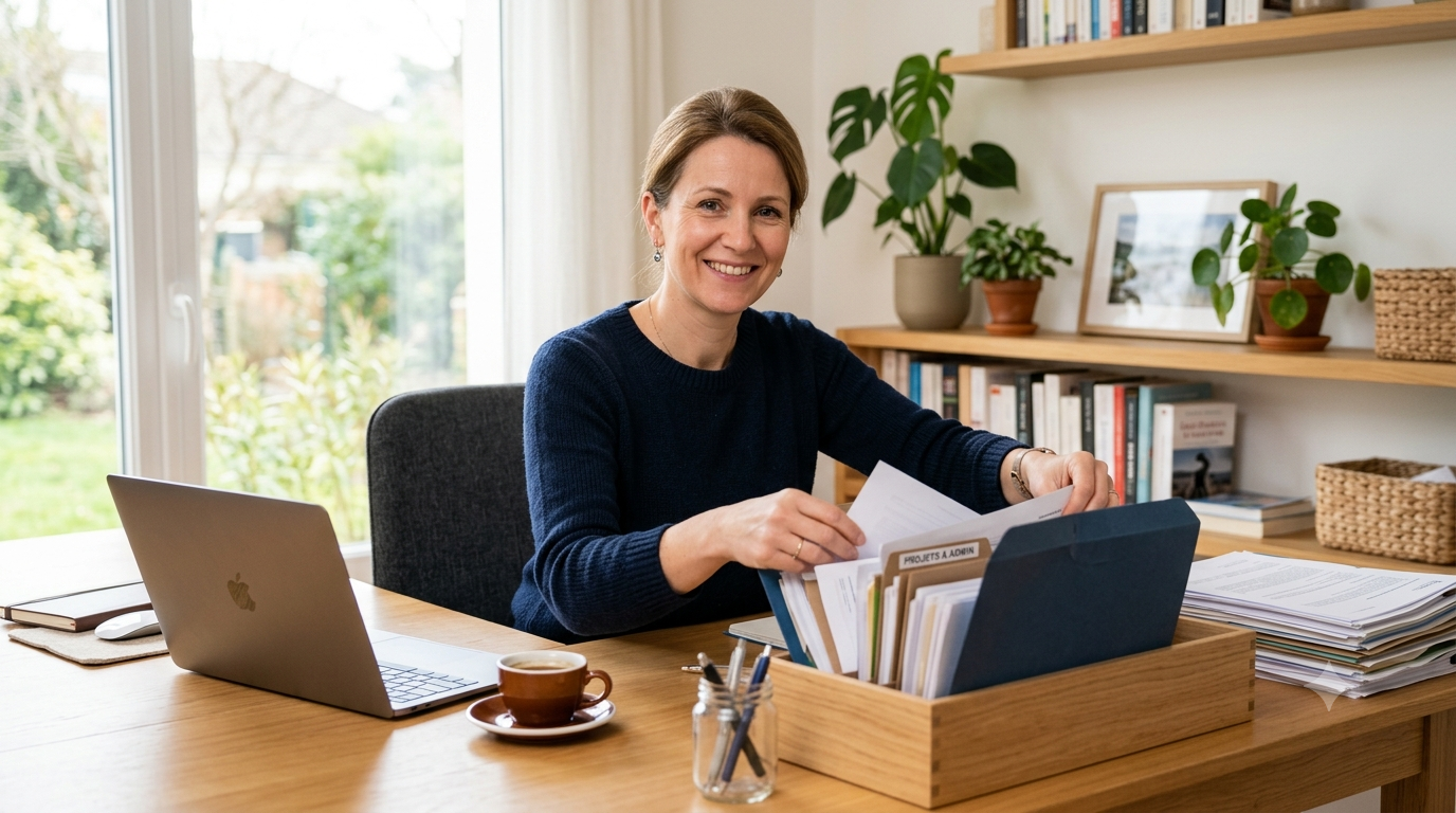 Femme d'une quarantaine d'années souriante dans un bureau à domicile lumineux, organisant des documents administratifs dans un trieur bleu à côté d'un ordinateur portable et d'une tasse de café.