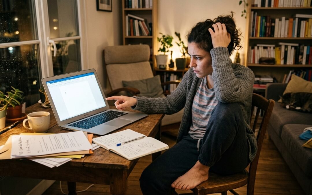 Une jeune femme assise dans son salon le soir, perplexe face à l'écran blanc de son ordinateur portable et à ses notes manuscrites pour la rédaction de son dossier de validation VAE.