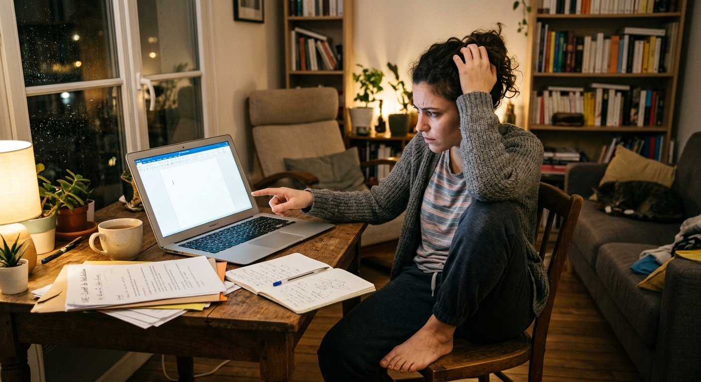 Une jeune femme assise dans son salon le soir, perplexe face à l'écran blanc de son ordinateur portable et à ses notes manuscrites pour la rédaction de son dossier de validation VAE.